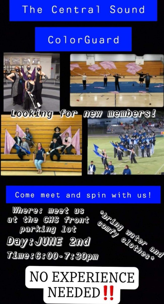 chsbearsband's tweet photo. CHS Bears! Do you have dance, twirling/spinning experience? Like performing in half-time shows, competitions &amp; parades w/a SUPERIOR team or want to make friends &amp; have fun? Then Central Sound Color Guard is for you! Join us 6/2, 6-7:30pm. No exp. nec! @CHS_ADMIN @HernandoSchools https://t.co/EgLvcGZ7it