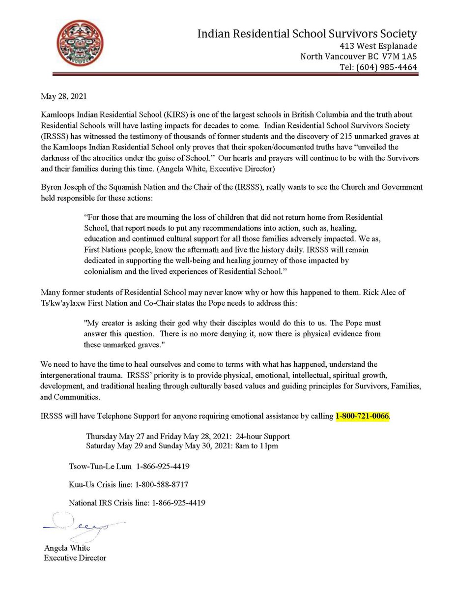 IRSSurvivor's tweet image. A statement from IRSSS Executive Director Angela White on the news regarding the unmarked graves at the Kamloops Indian Residential School.