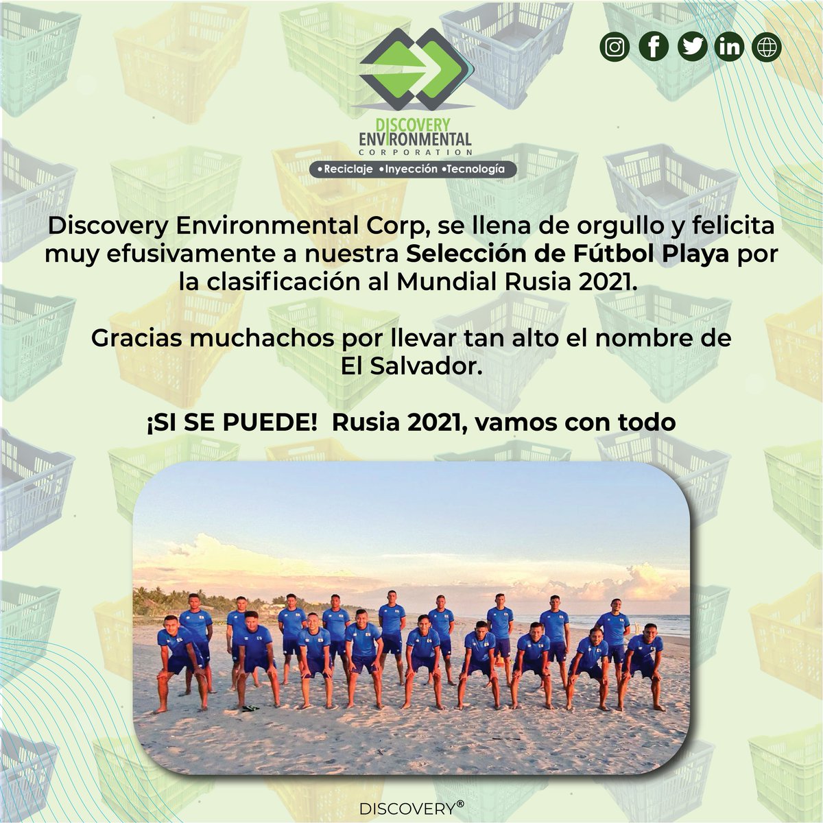CorpDiscovery's tweet photo. Felicitaciones a nuestra Selección de Fútbol Playa por la clasificación al Mundial Rusia 2021 ¡SI SE PUEDE! Vamos con todo. https://t.co/ufgq52Q3AO