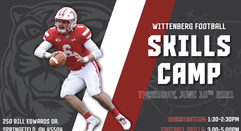 CoachFincham's tweet photo. Wittenberg Football Skills Camp for grades 9-12. Spend time learning from the Tiger Football Coaching Staff. Registration below; https://t.co/1tS2Jd3xQX https://t.co/HRFOsjFgn9