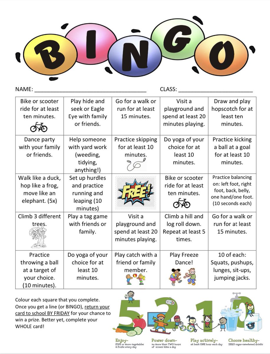 Sussex_Elem's tweet image. 5210 BINGO cards are coming home on Monday! Encourage your kids to get active for a chance to win a prize!