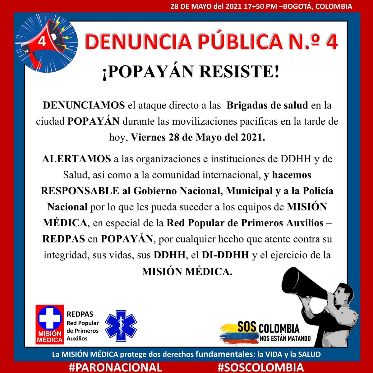 RRedpas's tweet photo. ⚠️DENUNCIA PÚBLICA ⚠️
POPAYÁN, 28 de mayo de 2021
#SOSColombia #ParoNacional28M #REDPAS https://t.co/3IzHohxbbu