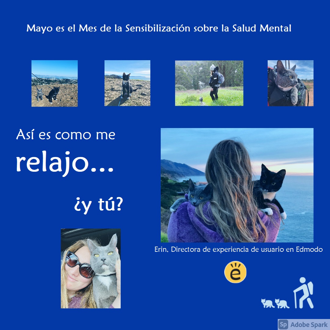 edmodoES's tweet photo. En Edmodo, valoramos el #mindfulness para mejorar la salud y fortalecer el equilibrio entre el trabajo y la vida. ¡La forma favorita de Erin para relajarse es caminar con sus gatos! ¿Cómo practicas el #autocuidado? Únete a la conversación en https://t.co/qywbNPcBS4 https://t.co/Qgean5c558
