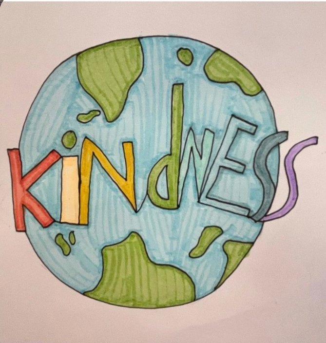 The world can always use more kindness! This is a wonderful art piece by one of our 5th graders. Our art teacher, Melinda Madden, has been supporting beauty and creativity at Lake this year! #golakedolphins #art #KindnessMatters #bekind