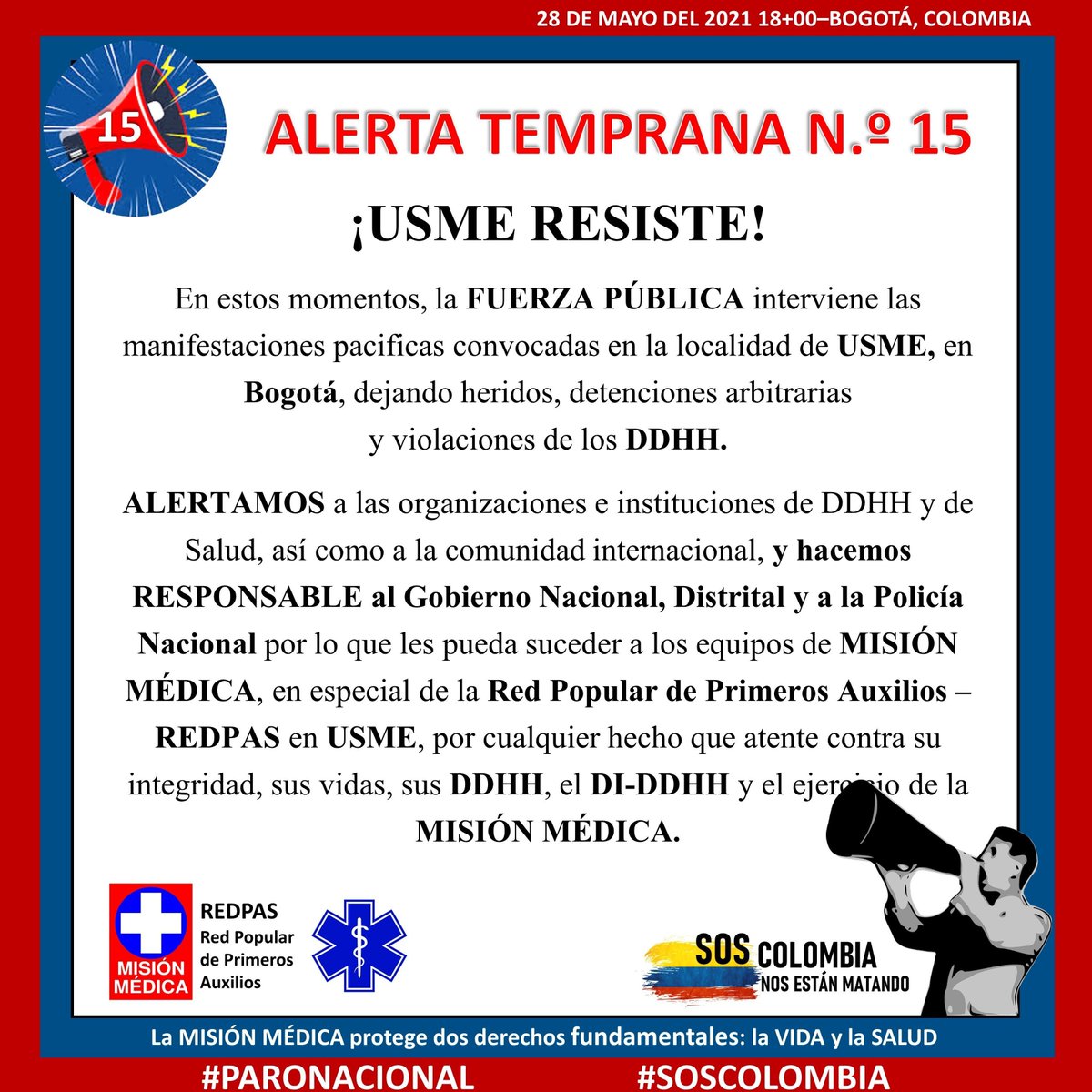 RRedpas's tweet photo. 🔴ALERTA TEMPRANA🔴
USME, 28 de mayo de 2021, 6:00 pm
#SOSColombia
#ParoNacional 
#ParoNacional28M
#REDPAS https://t.co/tbQnqvcwjA