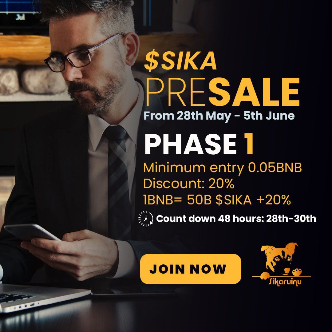$SIKA PRESALE PHASE 1

Minimum entry 0.05BNB
Discount: 20%
1BNB= 50B $SIKA +20%

CLICK THE BELOW TO BUY👇🏾
sikaruinu.finance/buy/

Count down 48 hours: 28th-30th

NOTE:
All unsold tokens from the 25% allocation will be burnt on the 5th of June along side 40% of the total supply.
