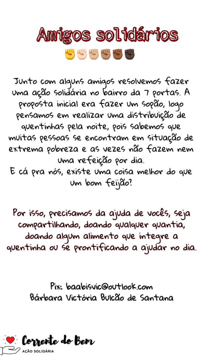 A doação pode ser de qualquer quantia. Pra quem mora em Salvador e quiser ajudar com algum kilo de alimento, estamos arrecadando  também... Qualquer dúvida pode me mandar mensagem na direct. 🤍