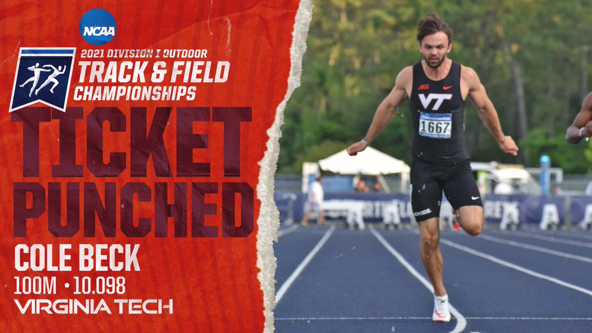 𝙍𝙀𝘾𝙊𝙍𝘿 𝘾𝙃𝘼𝙎𝙀𝙍. 📈 𝙃𝙄𝙎𝙏𝙊𝙍𝙔 𝙈𝘼𝙆𝙀𝙍. 👑

Cole Beck punches his ticket to Eugene with a PR and SCHOOL RECORD time of 10.098 seconds, becoming only the second Hokie to advance to the national championship in the men's 100m ‼️

#StrongerTogether | #Hokies 🦃