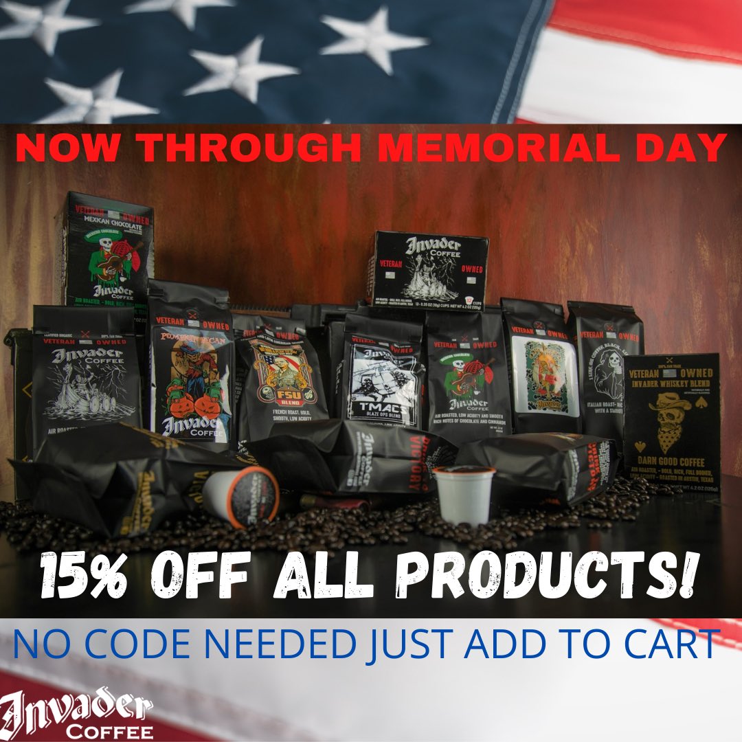 CoffeeInvader's tweet image. Time to try something new, restock, or get that mug you’ve been eyeing! Now through Memorial Day 🇺🇸