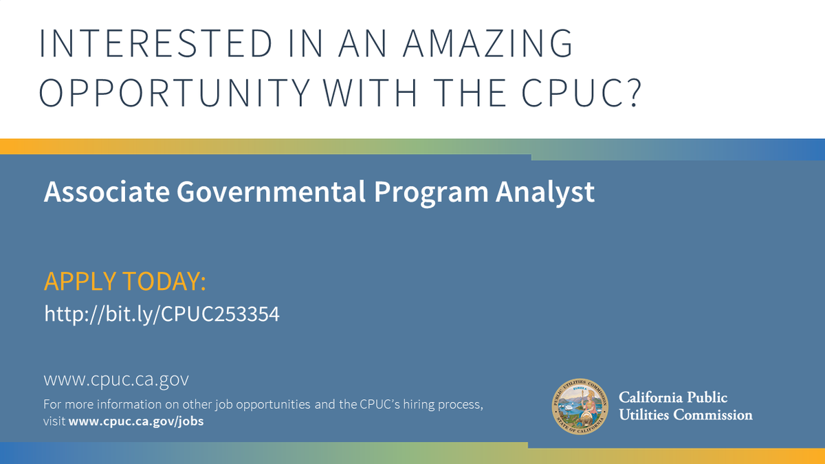 californiapuc's tweet photo. We are seeking an Associate Governmental Program Analyst to support Energy Division and HR on critical human resources administrative functions. Please apply by June 6, 2021: https://t.co/G4bwCKDRaJ 
#EnergyTwitter #WorkforCA https://t.co/ZNcO5ioyfb