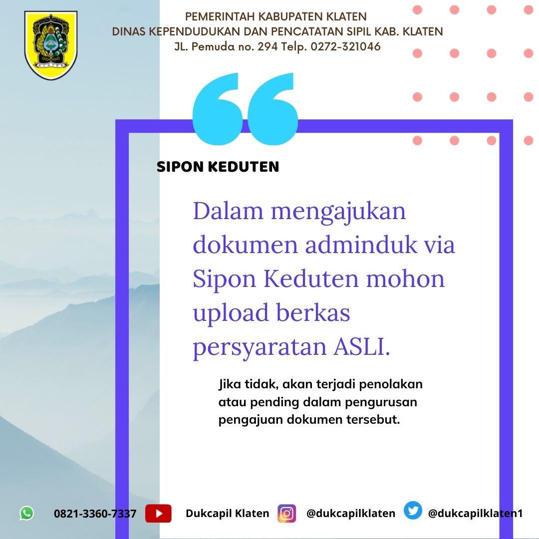 dukcapilklaten1's tweet photo. Mohon di ingat ya bagi pelapor untuk mengupload semua dokumen asli. 💡📝
#dukcapilklaten #dukcapiljateng #siponkeduten #gisa #gartis #adminduk #klatenbersinar #klaten https://t.co/UySsTu4P8b