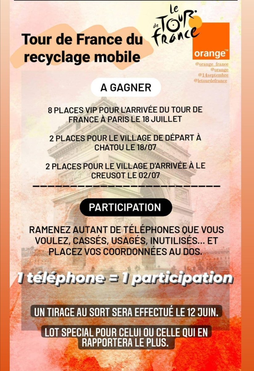 Hello la commu, je participe au Tour de France de recyclage de mobiles organisé par <a href="/orange/">Orange</a> <a href="/Orange_France/">Orange France</a>
Je dois récolter un maximum de téléphones mobiles cassés, usagés, inutilisés...
Si vous avez ça dans vos tiroirs contactez moi 🙏
<a href="/14septembre/">14 Septembre</a> <a href="/voecklerthomas/">Thomas Voeckler</a>