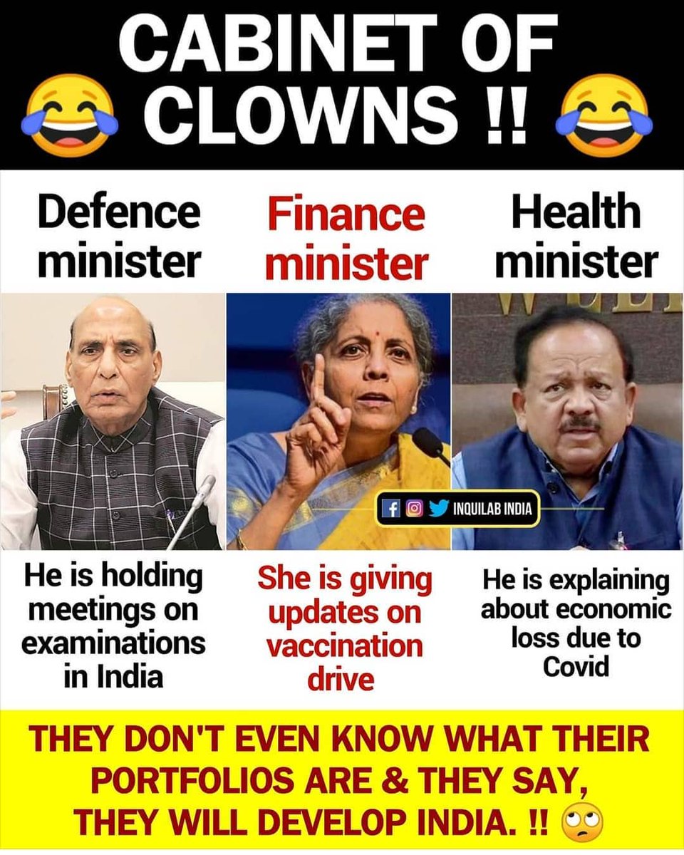 United With INC (@unitedwithinc) on Twitter photo Modi's cabinet of clowns!
The ministers don't know what they are responsible for, every minister is talking everything except their own portfolios!!!
#ModiResign
#NewIndia Modi's cabinet of clowns!
The ministers don't know what they are responsible for, every minister is talking everything except their own portfolios!!!
#ModiResign
#NewIndia
