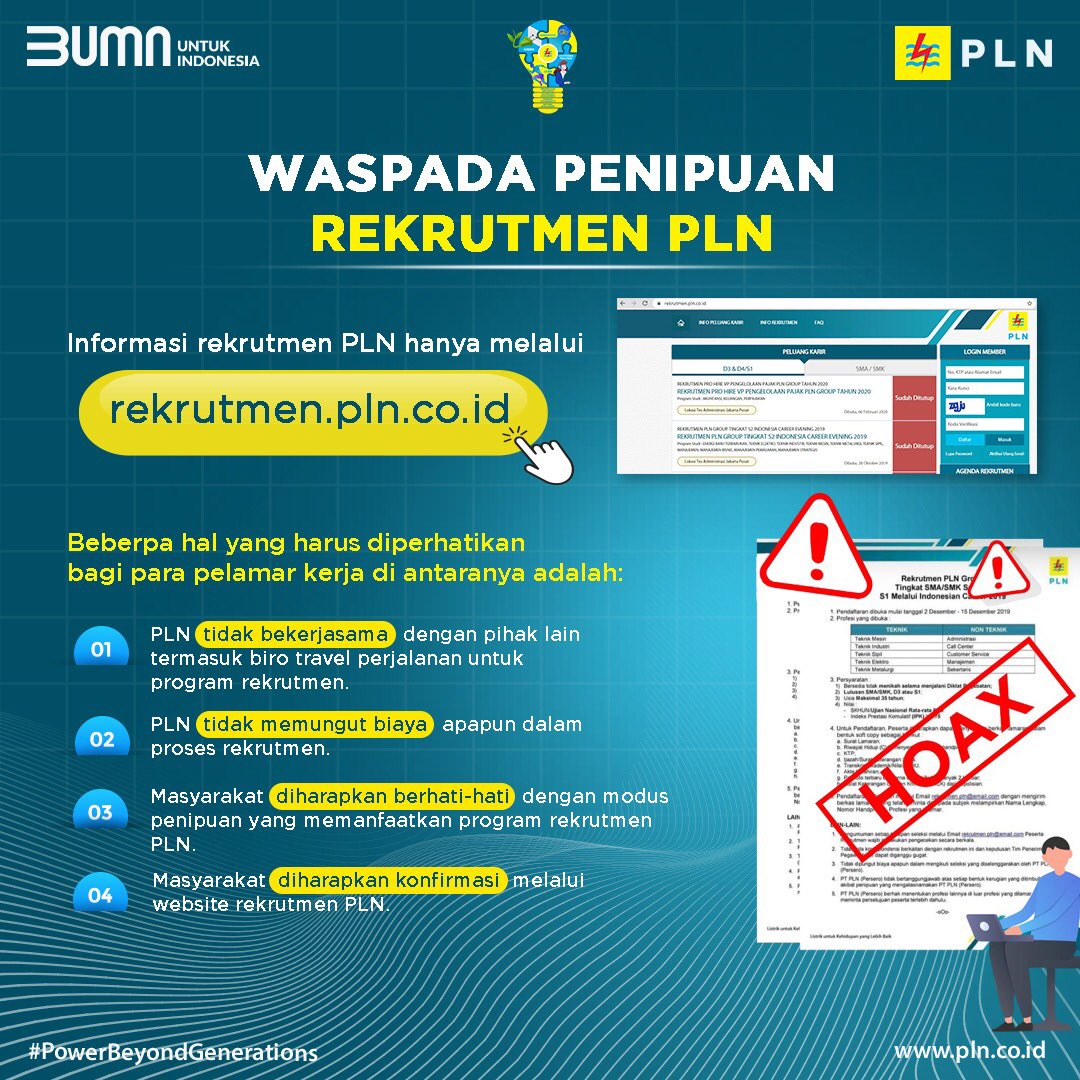 SahabatPLNJkt's tweet photo. #Electrizen selalu waspada saat menerima informasi apapun yang mengatasnamakan PLN, termasuk informasi rekrutmen pegawai. Jangan sampai termakan HOAX, ya, #Electrizen! https://t.co/TlLC9YDMQC