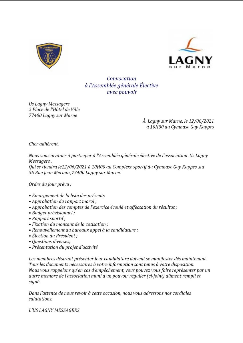 UsLagny's tweet photo. Bonjour 
Le club va tenir une assemblée générale élective le 12 juin 2021 à 10h au gymnase Guy Kappes.
Toutes les personnes ayant une licence à jour pour la saison 2020/2021 pourront voter 
Nous comptons sur un très grand nombre de personnes pour venir voter

Bonne journée à tous https://t.co/uYgA6cgEUF