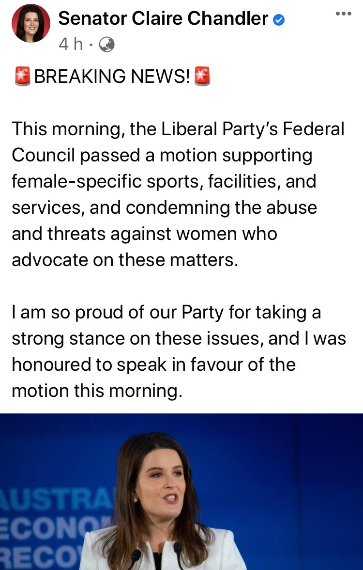 Some good news from Australia today. For those overseas, the Liberal Party is our conservative party and they are currently in power at the Federal Level. Clare Chandler continues to be a powerful advocate for women's rights.