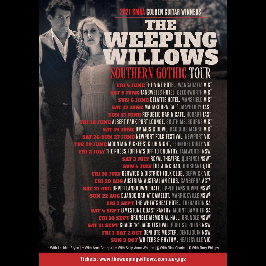 weepinwillows's tweet photo. When one door closes, another opens... (we hope!) π€ The @WeepinWillows' #SouthernGothic TOUR! π€
** Save The Dates - More Soon! **
https://t.co/fzzdUAuos4
* w/ @LachlanBryan / β w/ @ArnaGMusic / β‘ w/ @SallyAnnWhitten / Β§ w/ #NickCharles / β w/ #RoryPhillips
#TheWeepingWillows https://t.co/B5vgGxLocd