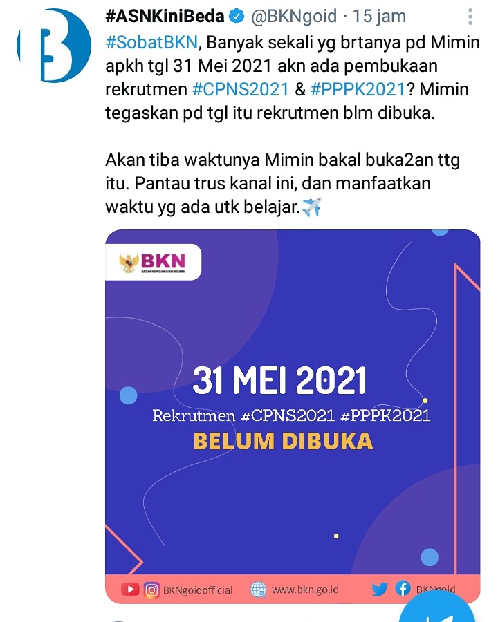 rapor_APcom's tweet photo. Sobat honorer semua
Info resmi ya 😊
.
So, jangan panik dgn info tanggal-tanggal yg beredar, ikuti saja yg resmi😉 @BKNgoid
.
Semangat belajar pokoknya https://t.co/nJ77a3JBpq