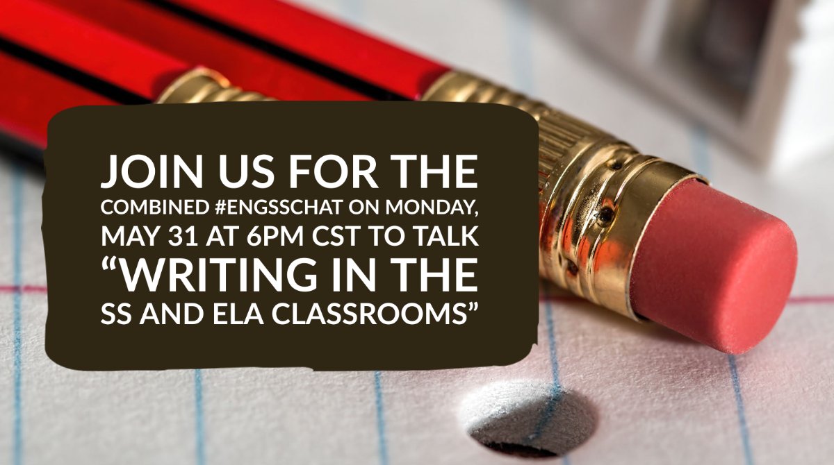 Steph_Sukow's tweet photo. Join us in 24 hours for our combined #engscchat to talk about "Writing in the SS/ELA Classrooms" on Monday, May 31 at 6PM CST led by @lizevansnbct.
#engchat #elachat #sschat #teachwriting #edchat #teachertwitter #worldchat #tlap https://t.co/inkiaqEdmA
