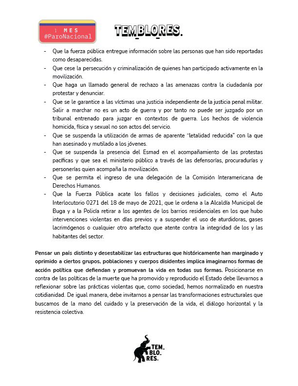 TembloresOng's tweet photo. Comunicado de prensa sobre los hechos de violencia policial en el marco del #ParoNacional. #1MesDeParo https://t.co/ghedEuLcM5