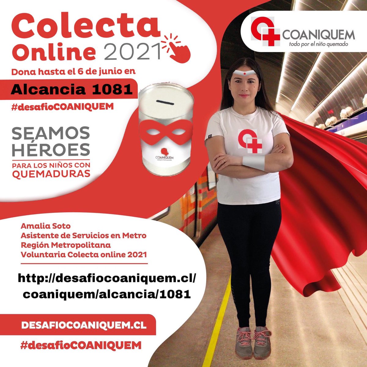 Amalita1987's tweet image. En esta colecta online 2021 de @coaniquem seamos héroes para los niños, niñas y adolescentes con quemaduras.

Dona hasta el 06 de junio en desafiocoaniquem.cl/coaniquem/alca… 💙

#desafioCOANIQUEM