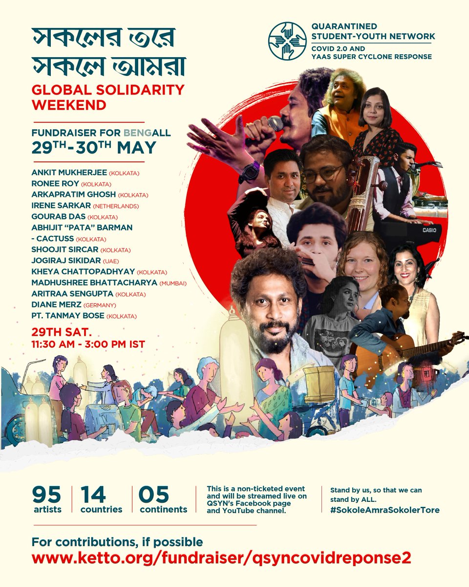 qsynetwork's tweet photo. 95 artists from 14 countries across 5 continents in Global Solidarity to help people affected by #CycloneYaas  and #COVID, non-ticketed event: https://t.co/6OBnxjbeML, Artists for 29-May Sat (Indian time) below.
please RT and, contribute.  https://t.co/7JVFpMKg5J
#RebuildBengal https://t.co/GPA0RA0qrO