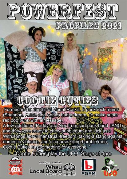 Catch Cootie Cuties at Powerfest next Sunday - they are 3 punk rock mums from Mt Roskill, with Paddy and Alex from surf punk band JANG. @muzicnz says they have "thundering bass riffs" &amp; "killer pop punk song(s)". #Powerfest 
undertheradar.co.nz/gig/75105/Powe…