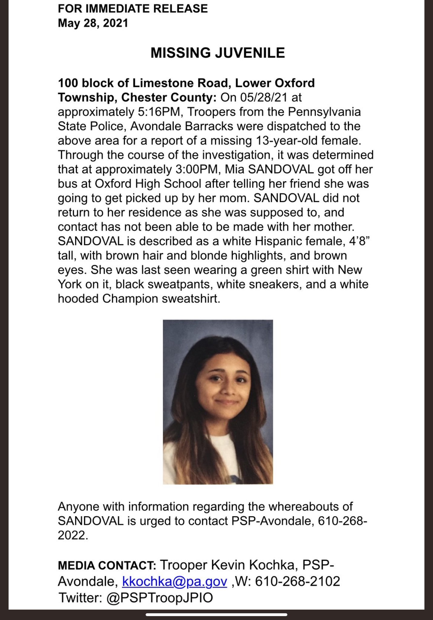 CCDES on Twitter "PA State Police Avondale has issued a Missing Person