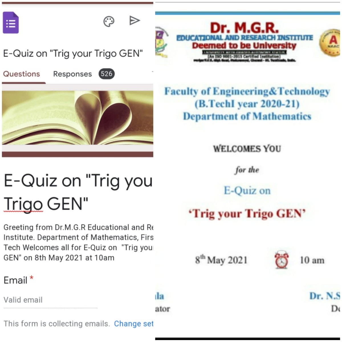 MgrUniversity's tweet photo. Faculty of Engineering and Technology, First Year https://t.co/n4jnOEzyQD, Department of Mathematics organized a Quiz competition on "Trig your Trigo GEN" on 8th May 2021.
#MGRERI । #Mathematics । #DepartmentofMathematics । #firstyearBTech । #quiz । #report https://t.co/hbEmxVl6k7