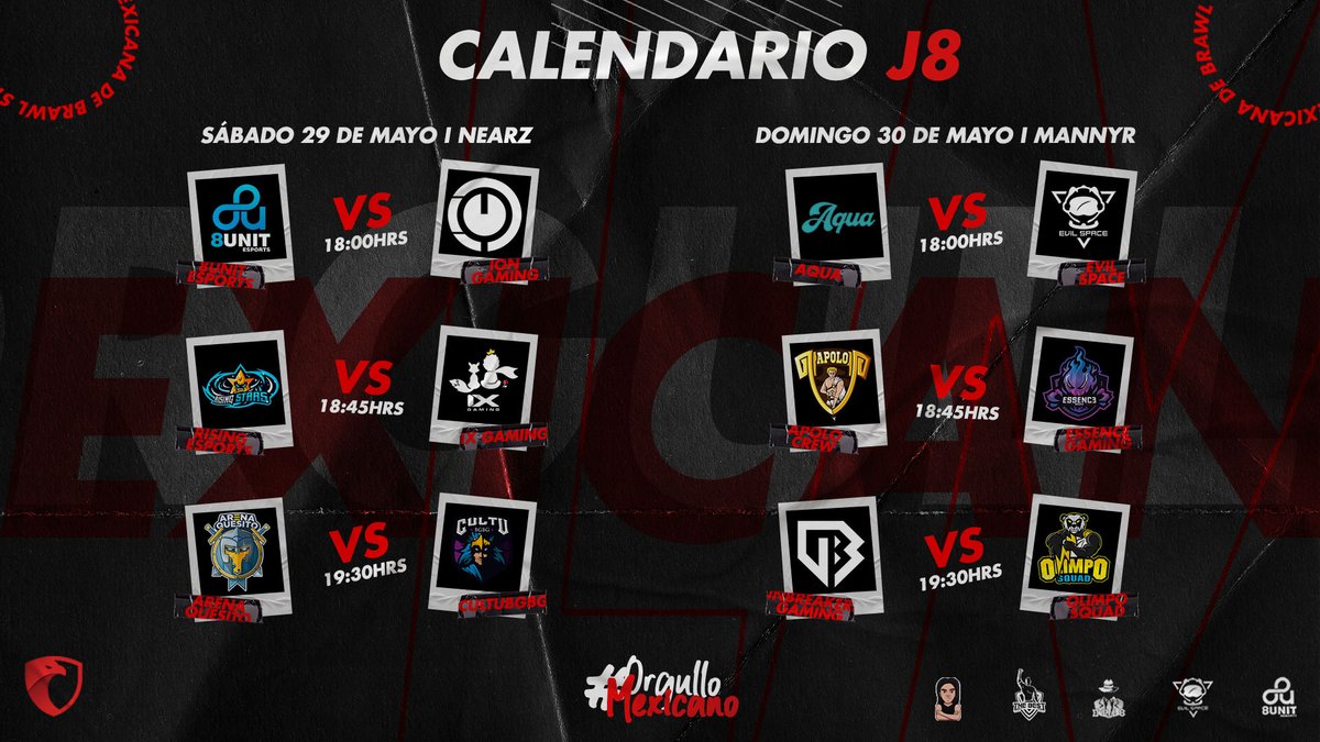 #LMBS21 | CALENDARIO J8

Cada vez más cercano el fin de la tercera temporada, partidos importantes en esta semana. 

SÁBADO |🎙<a href="/n_earz/">NeaRz</a> 
📺 twitch.tv/nearz_z?sr=a

DOMINGO |🎙<a href="/MannyR_BS/">MannyR</a>
📺 youtube.com/c/MannyR4

#OrgulloMexicano 🇲🇽
