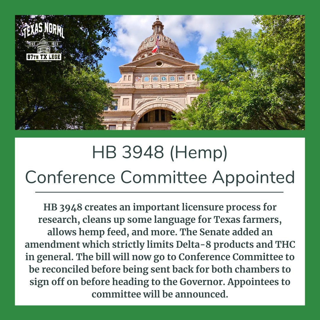 TexasNORML's tweet photo. #HB3948 creates a licensure process for research, cleans up some language for #Texas farmers, & allows #hemp feed. The Senate added an amendment limits #Delta8 products. HB3948 goes Conference Committee before returning to both chambers to sign off on before heading to the Gov. https://t.co/tboMoqysrJ