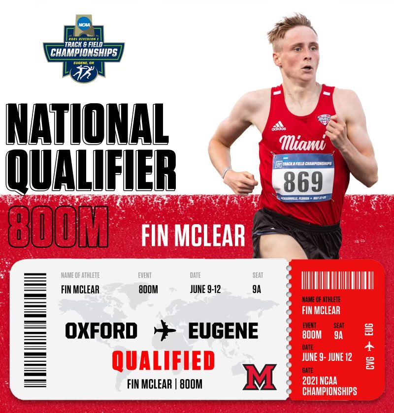 MiamiOH_XCTF's tweet photo. Fin Mclear wins the East region 800 meters with a time of 1:46.87 and punches his ticket to the national meet!

#RiseUpRedHawks https://t.co/Qbb6QnWDs9