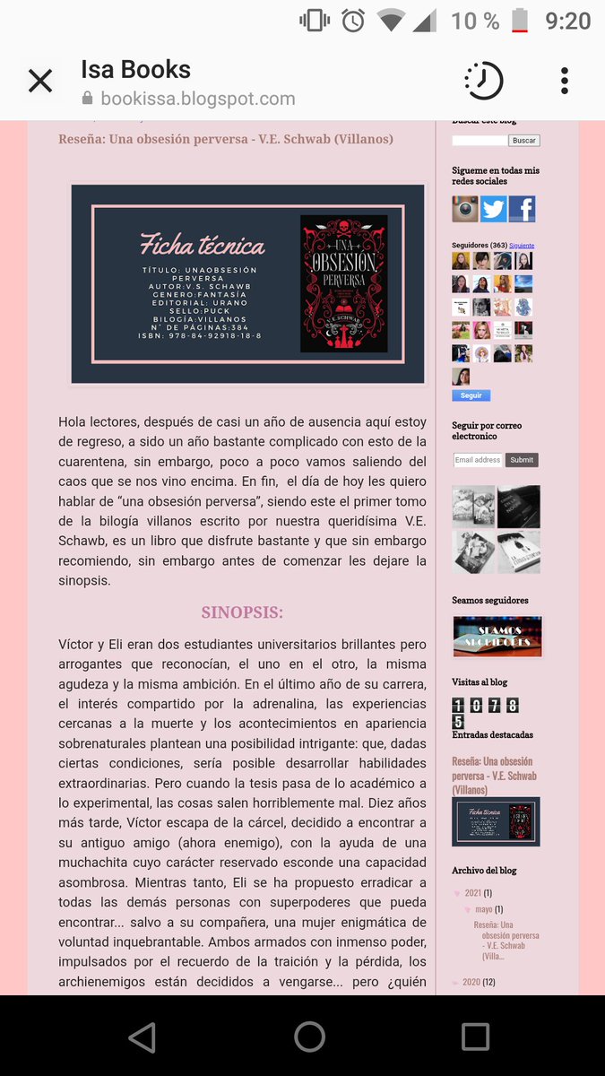 Después e algún tiempo desaparecidos, contamos con nueva reseña en el blog, en esta ocasión les hablo de una obsesión perversa escrito por <a href="/veschwab/">Victoria/V.E. Schwab</a> 

bookissa.blogspot.com/2021/05/resena…