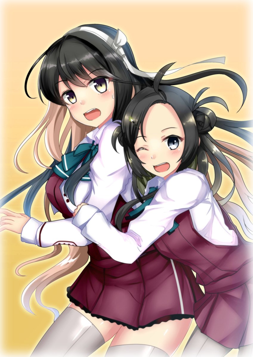 naganami (kancolle) ,naganami kai ni (kancolle) multiple girls black hair 2girls double bun hair bun thighhighs long hair  illustration images