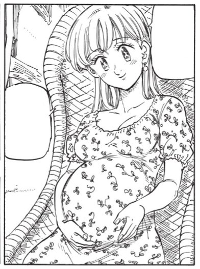 Elizabeth sits in a rocking chair humming softly crading her pregnant belly. She couldn't wait to hold her baby in her arms. She wonders where Meliodas went