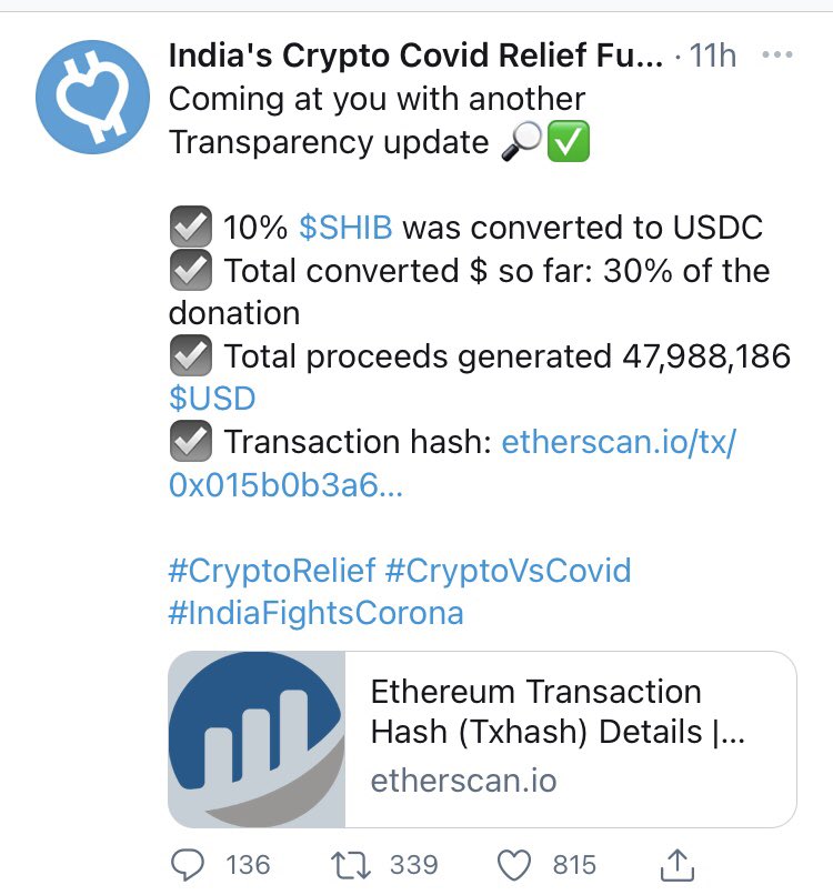 emilkash's tweet photo. #VitalikButerin donation of #shiba to India’s Crypto Covid Relief Fund being used to save lives! #SHIB the life saving dog https://t.co/1AEv8nKZqQ
