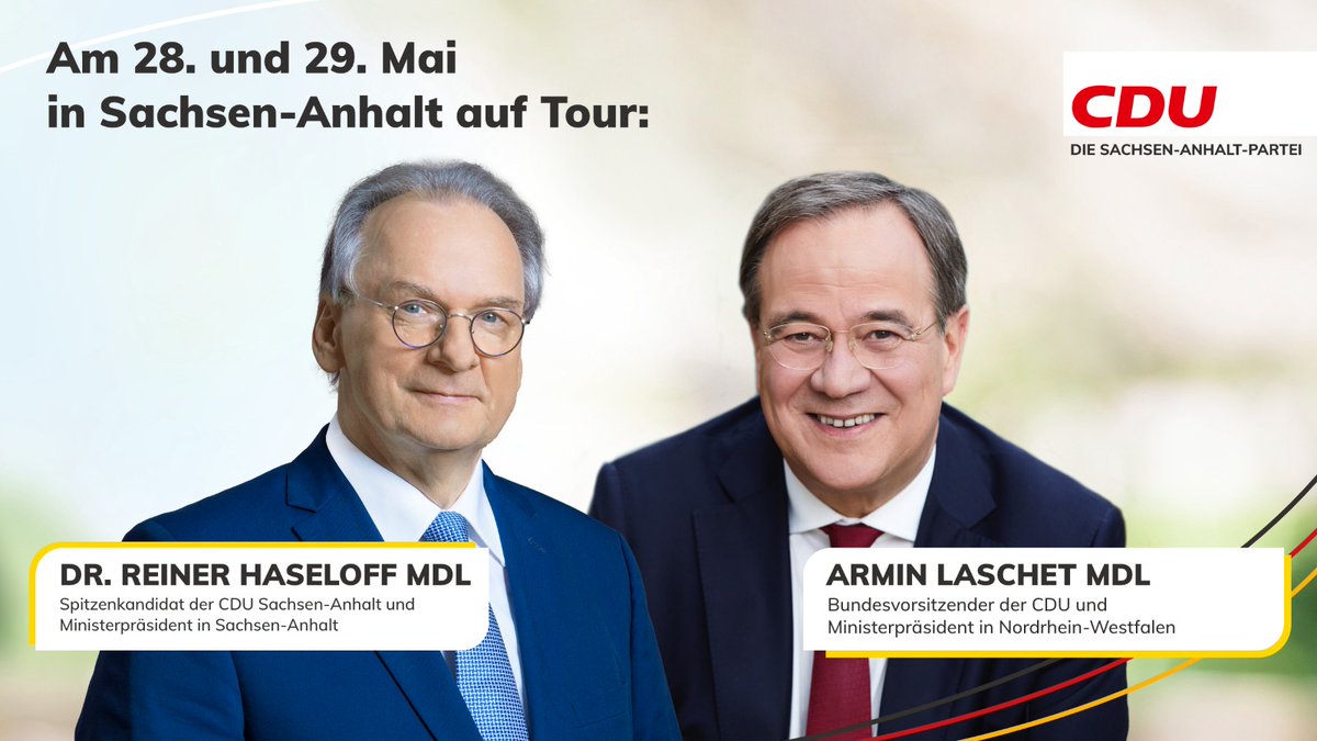 Tag 2: Heute werden wir mit <a href="/ArminLaschet/">Armin Laschet</a> und <a href="/reinerhaseloff/">Dr. Reiner Haseloff</a> im Süden unterwegs sein. Beginnen werden wir unsere Tour in Braunsbedra/ Geistalsee, um uns dort in der Pfännerhall die aktuelle Ausstellung anzusehen. 🏛 Weiter geht's zur MIBRAG, wo wir den Tagebau besichtigen werden