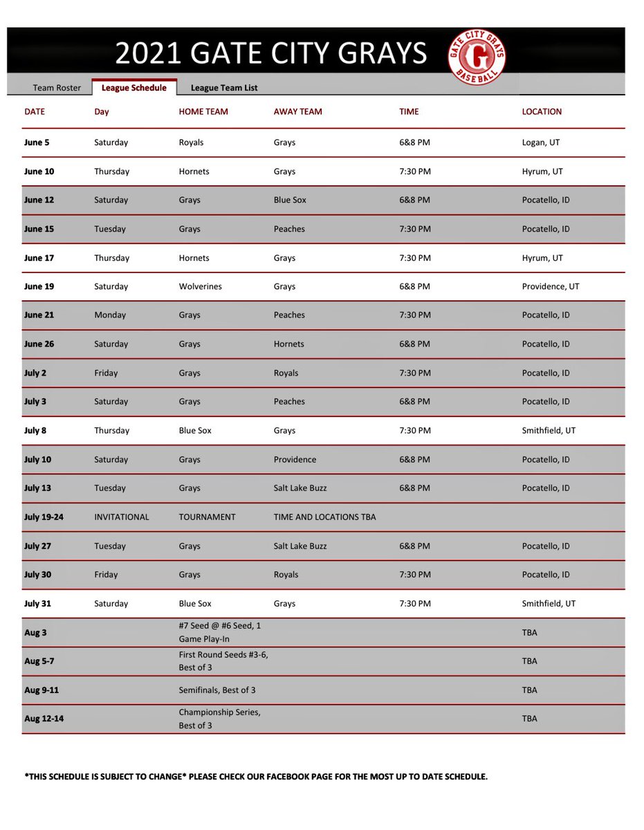 GateCityGrays's tweet photo. Grays 2021 schedule. All home games played at Halliwell Park located at 1100 W Alameda. https://t.co/unLsKb3BrE