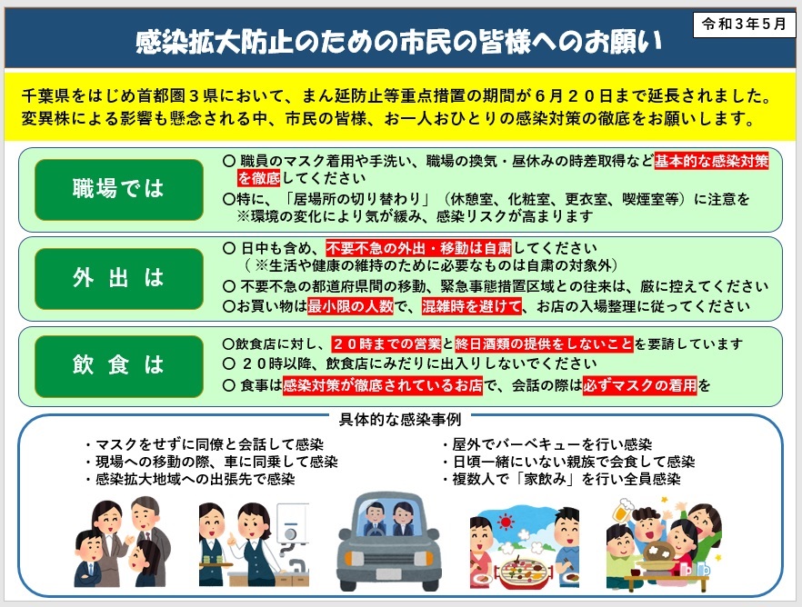 千葉市広報広聴課 On Twitter 市民の皆様へのお願い 千葉市 に対するまん延防止等重点措置区域の指定が6月20日まで延長されました 変異株による影響も懸念される中 マスクの着用 手洗い消毒 三密を避ける等 引き続き基本的感染対策の徹底をお願いします 皆様
