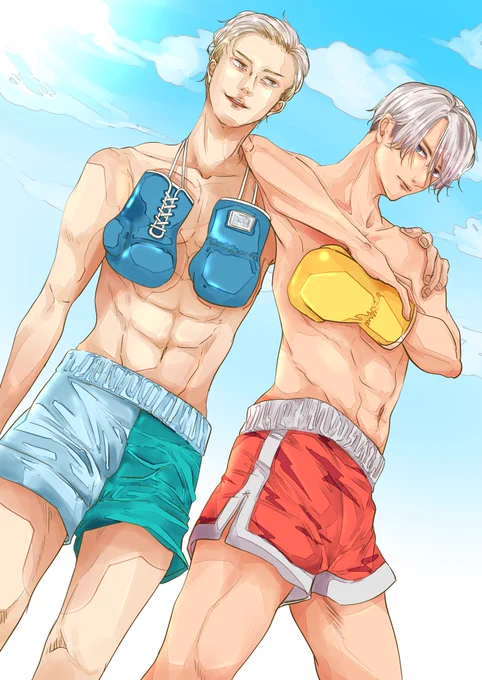 パッと見、海水浴やんwいいえ、青空の下ボクシングの練習です。派手髪同士つるんでるのなんかいい。※この絵で一番気合い入れて描いたのは股間周りです←#絵描きさんと繋がりたい 