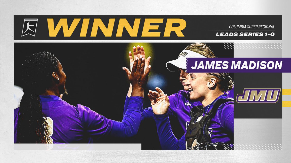 NCAASoftball's tweet photo. The Dukes are one win away from their first WCWS!

@2seas__ was fantastic once again and @JMUSoftball broke a scoreless tie in the top of the 7th inning to defeat (8) Missouri, 2-1, and win the first game of the Columbia Super Regional.

#RoadToWCWS https://t.co/mg9m6vqdt4