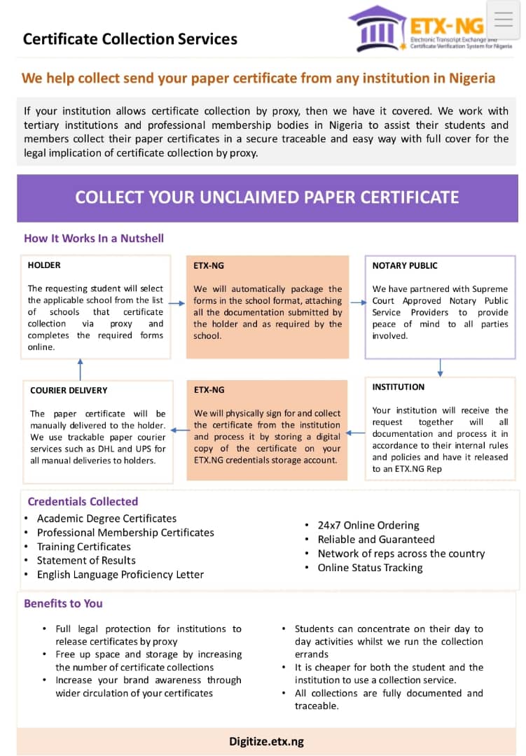 DigitizeService's tweet image. Academic Certificate collection service
we collect Academic Credentials from various institutions, professional bodies and organizations in Nigeria.
For Additional information, visit;
Etx.ng/credentialscol…
arena.mycredentials.ng/.../for-additi…