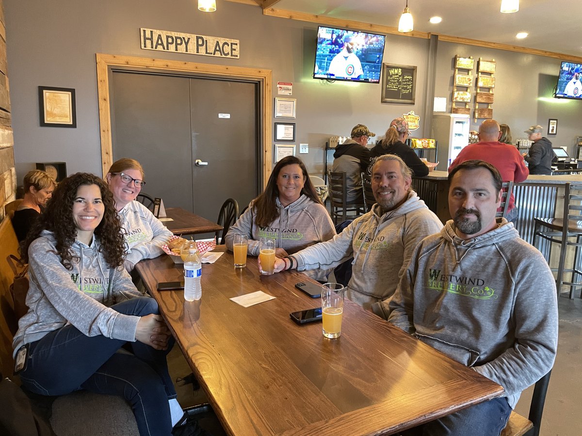 westwindbrewery's tweet photo. The crew came in for some brews for Audrey’s Birthday! Cheers Amy and Chris Huff, Tara and Billy Williams,  Laura and Drew Swinehart,  Angie and Adam Fann! Wait where is Adam and he is not wearing the swag? 😳🤣🍻 https://t.co/OJ8m3ChmvA