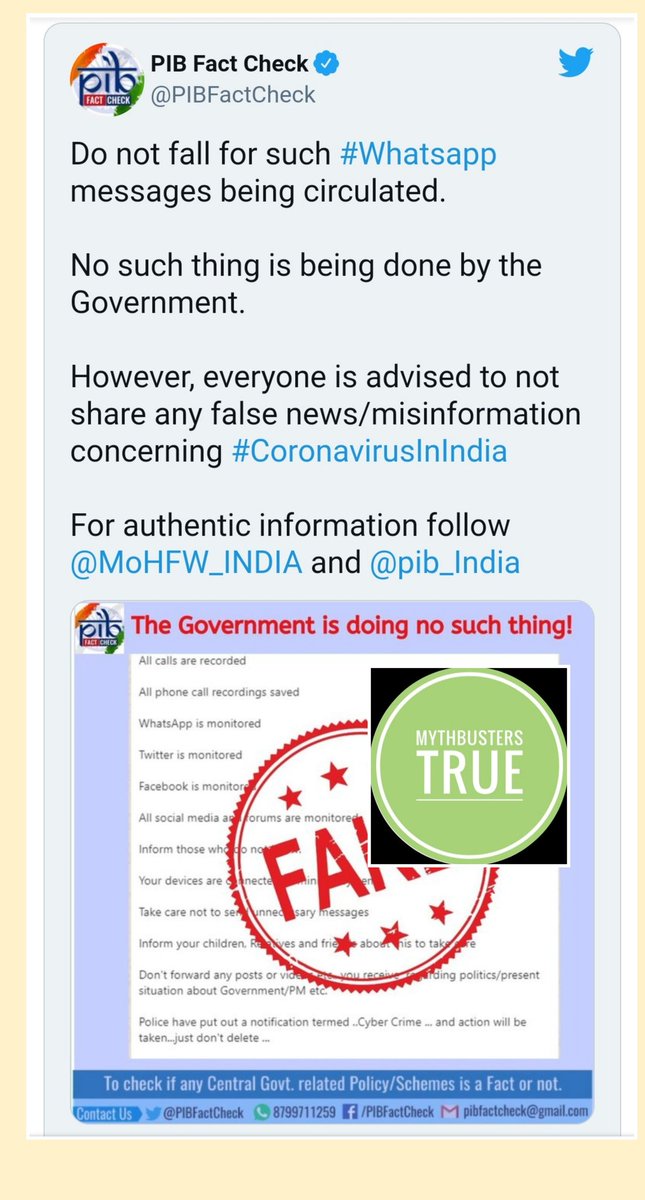 MythBreakersMB's tweet photo. What is true: There is nothing like this. PIB Fact check Govt handle has clarified that there is no such thing presently done by the govt. Also Whatsapp has filed a case against these IT rules 2021 in Delhi High Court. So all the claims in the viral message are fake. https://t.co/ZPaMmG9cIr