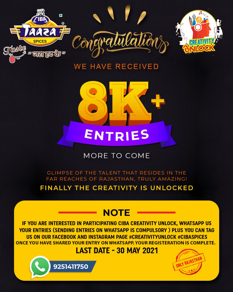 CibaSpices's tweet photo. Outstanding response!!! Shandar!! Wooww!! It is a huge response for Creativity Unblocked. We seriously didn't fathom that you guys could be so talented. 8000+ is a big number and we know it's gonna touch 10000+ by the end of the contest. #creativityunlock #cibaspices https://t.co/mkrlRVmRcI
