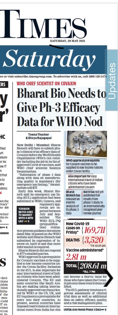 Teensthack's tweet image. Bharat Biotech @BharatBiotech will have to submit phase 3 clinical trial efficacy data of #Covaxin before the @WHO can consider including the jab in its list of approved Covid-19 vaccines. 
*USFDA also needs Phase III data
@rdivia 

economictimes.indiatimes.com/industry/healt…