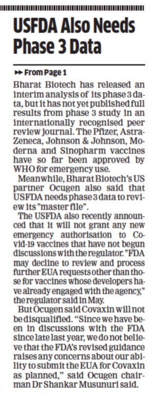Teensthack's tweet image. Bharat Biotech @BharatBiotech will have to submit phase 3 clinical trial efficacy data of #Covaxin before the @WHO can consider including the jab in its list of approved Covid-19 vaccines. 
*USFDA also needs Phase III data
@rdivia 

economictimes.indiatimes.com/industry/healt…