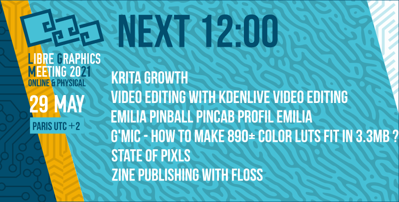 LGMeeting's tweet image. Next talk is about #Krita at 12:00 #LGM21 Join this talk at : 
libregraphicsmeeting.org/2021/en/live.h…