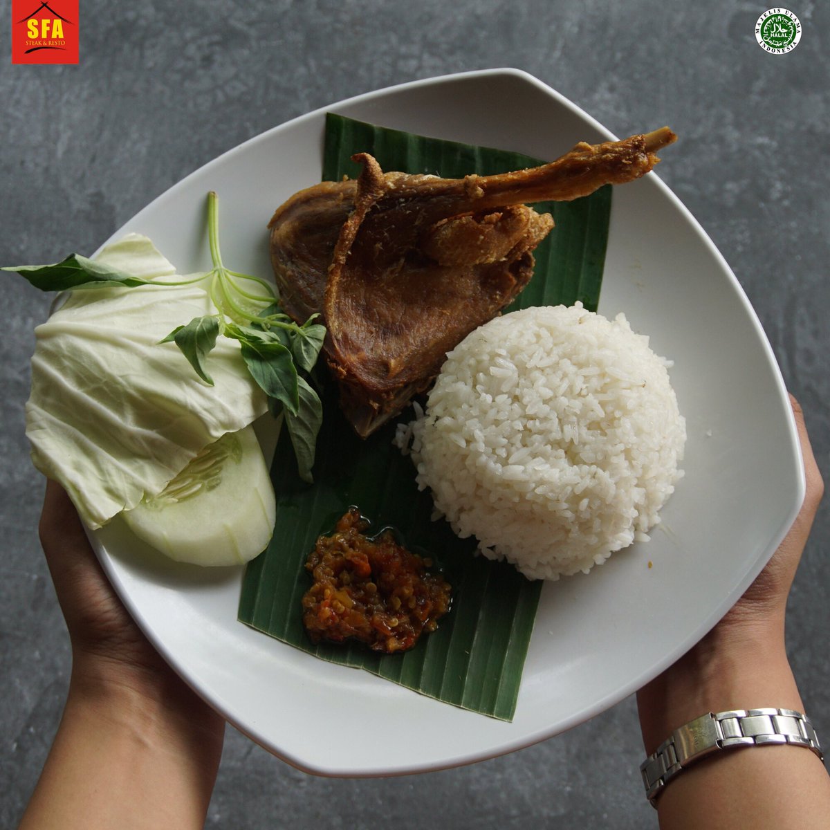 Selain ayam goreng, ada juga bebek goreng SFA yang pastinya lebih nikmat dan gurih. Cocok untuk makan siang hari ini.

Langsung saja yuk ke SFA Steak &amp; Resto, dan nikmati bebek goreng lembut lengkap dengan nasi putih hangat, lalap, juga sambal. Terimakasih semoga lancar rejekinya