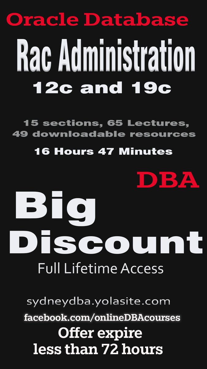 OracleCourse's tweet photo. Big Discount: Oracle Database RAC Administration (12c and 19c) - Offer valid till 15 June2021-Buy it just for ($13.99)- 15 sections,65 Lectures,32 downloadable resources, 16Hours 47m
https://t.co/K26r2EvNj3
#rac #oracle19c #oracle12c #12c #19c #oracledba #oracledatabase #courses https://t.co/LsBB9khzoB